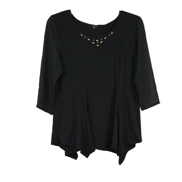Notations Knit Tunic Top Women Size L Shark bite Hem Black with Sheer 3/4 Sleeve - Picture 1 of 6